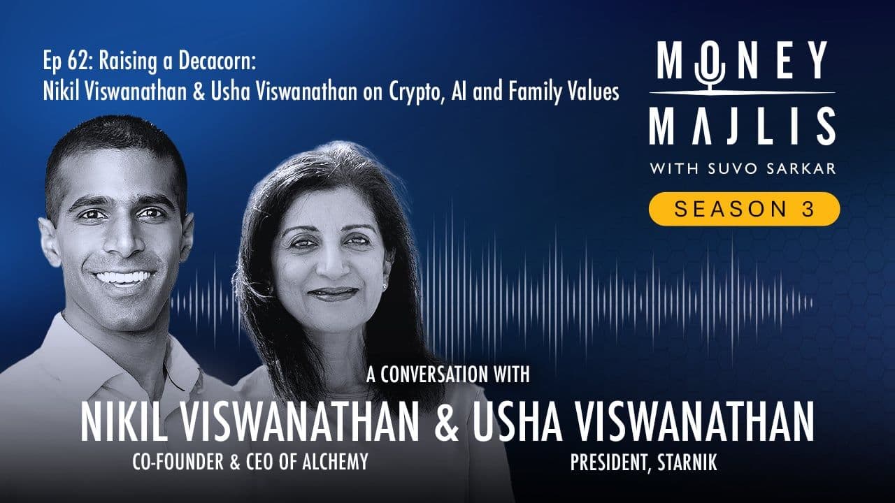 Ep 62: Raising a Decacorn - Season 3 cover art, a black and white photograph of Nikil Viswanathan of Alchemy and Usha Viswanathan of Starnik