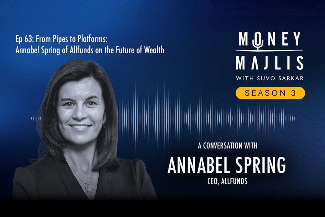 Ep 63: The Future of Wealth - Season 3 cover art, a black and white photograph of Annabel Spring of Allfunds