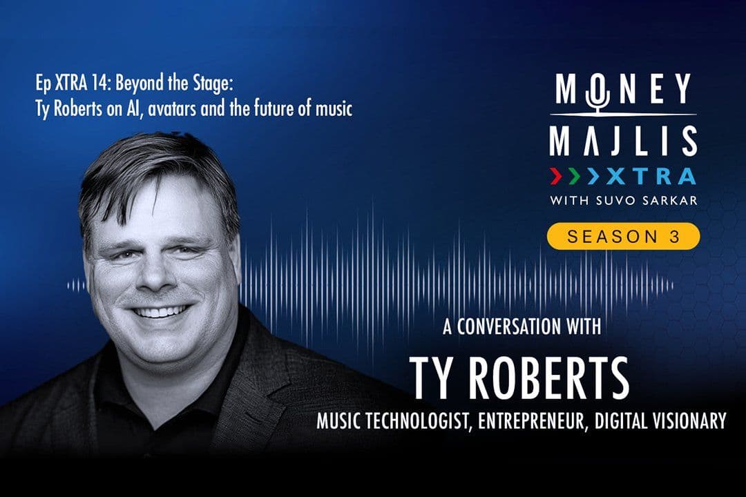 XTRA 14: AI, Avatars and the Future of Music - Season 3 cover art, a black and white photograph of Ty Roberts of Fantracks