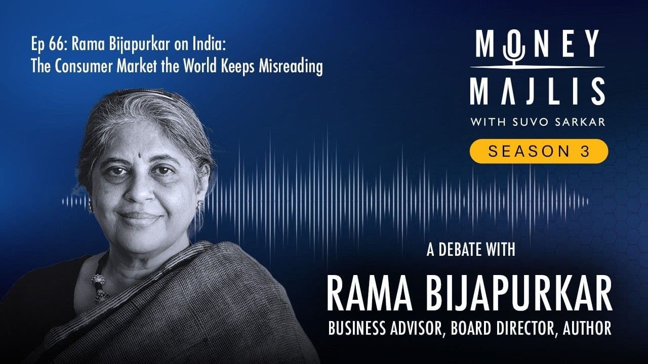 Ep 66: Rama Bijapurkar on India - Season 3 cover art, a black and white photograph of Rama Bijapurkar